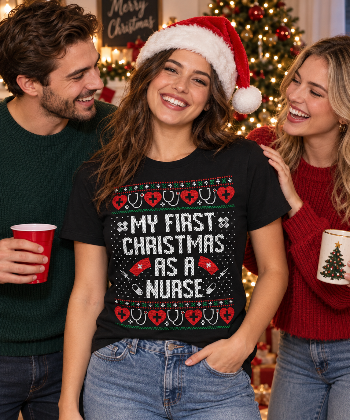 My First Christmas as a Nurse T-Shirt, Festive Hearts