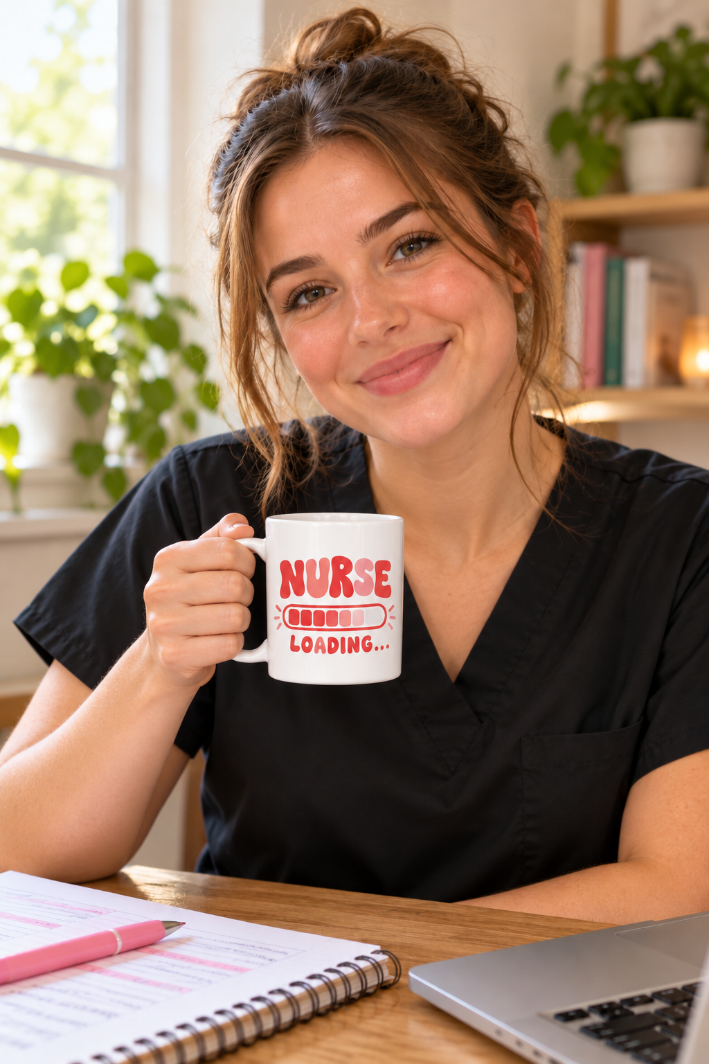 Nurse Loading Mug, Coral Progress Bar, 15 oz, illustrative lifestyle mockup with a student wearing black