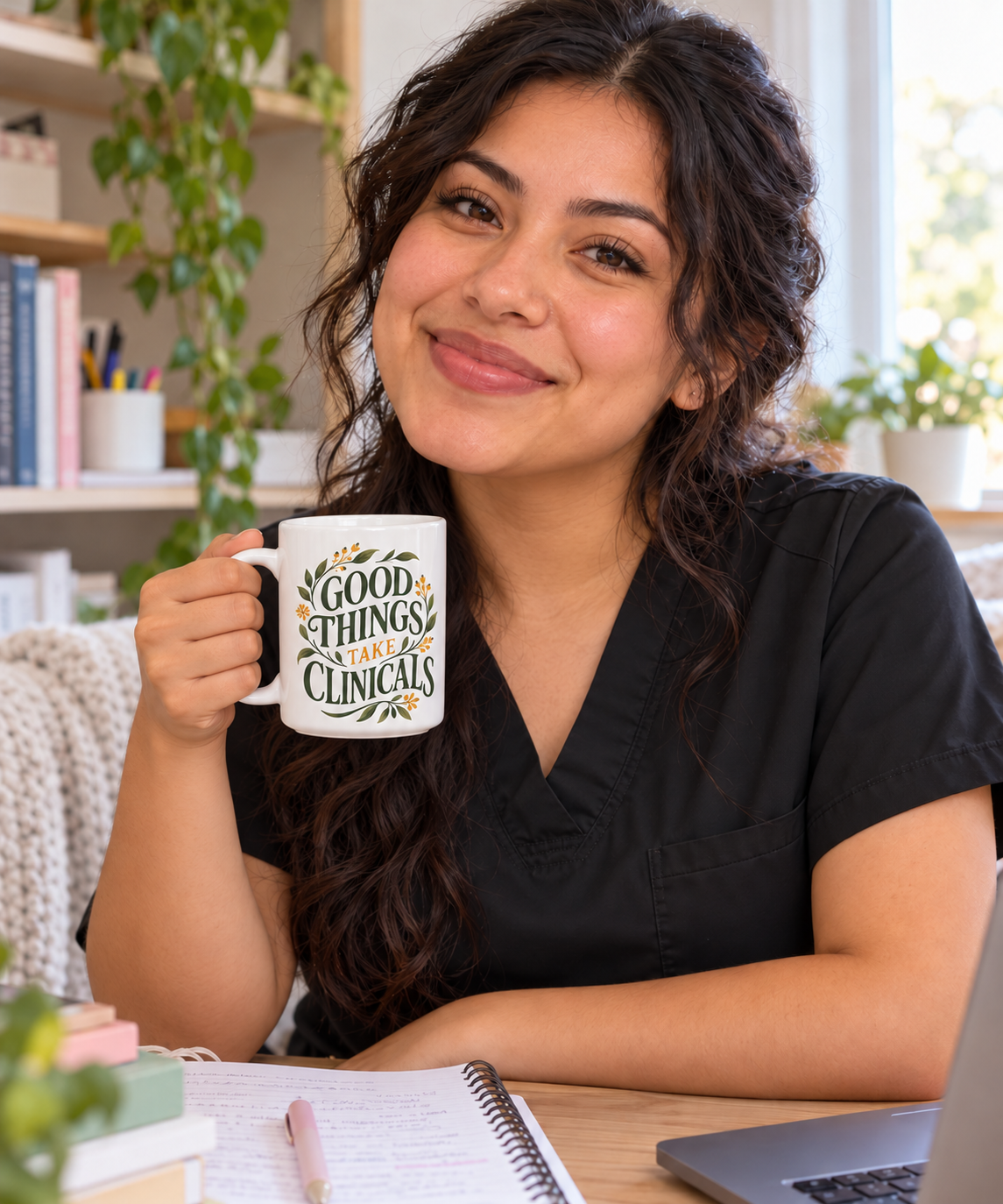 Good Things Take Clinicals Mug, Botanical Green, 15 oz, illustrative lifestyle mockup with a student wearing black