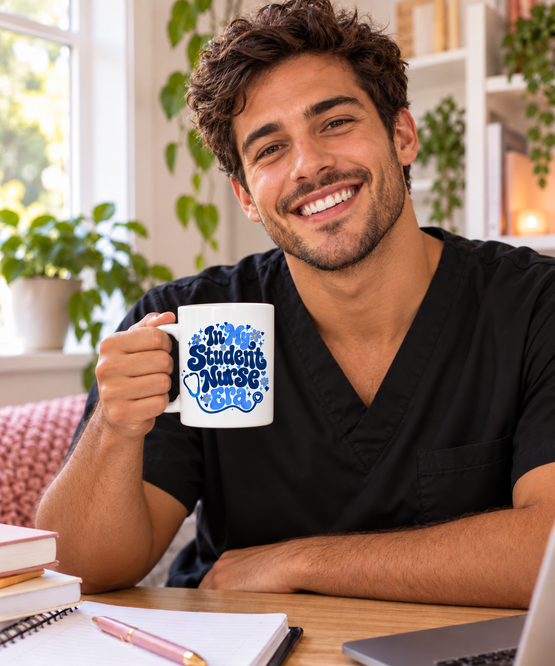 In My Student Nurse Era Mug, Blue Floral, 15 oz, illustrative lifestyle mockup with a student wearing black