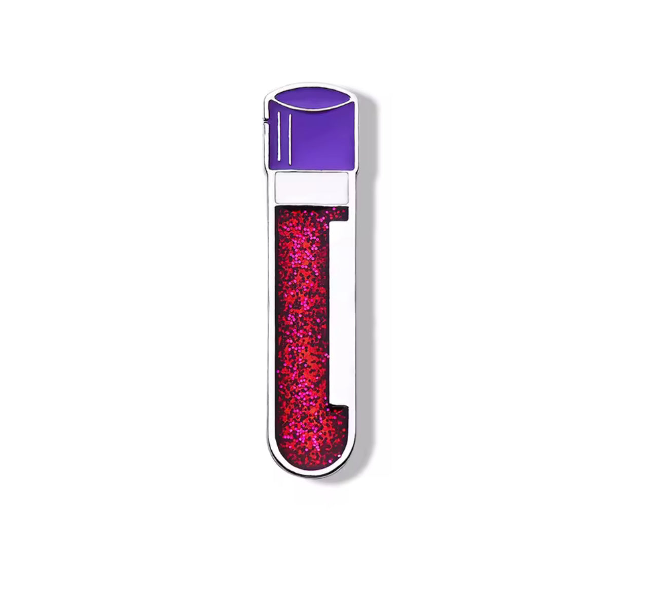 Vertical enamel pin of a red glitter-filled test tube with a purple cap.