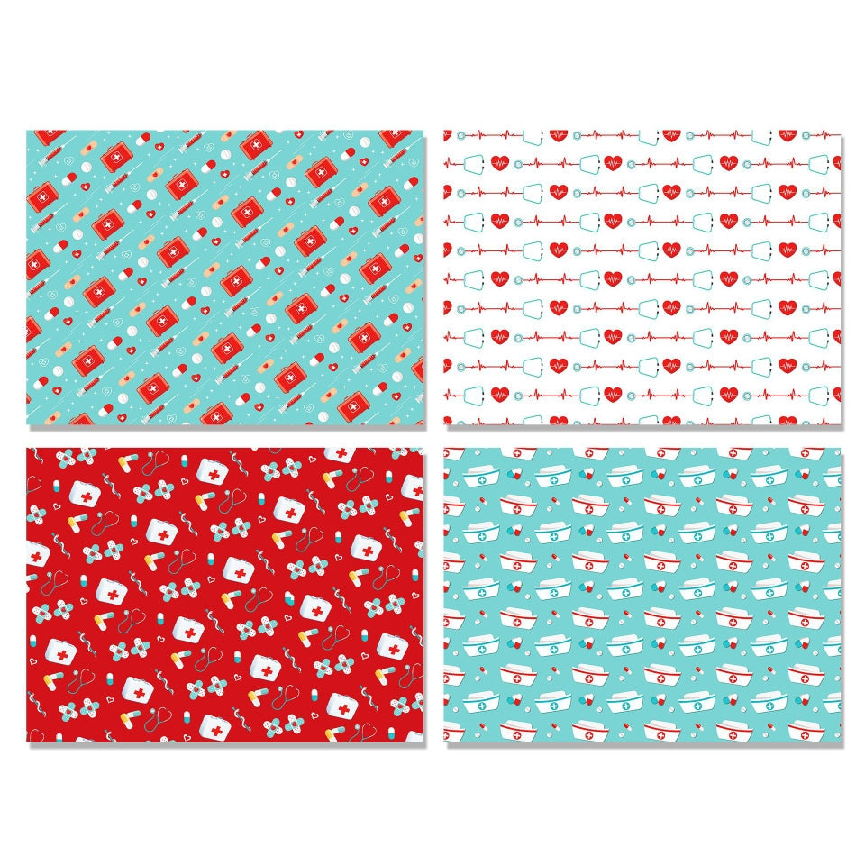 Nurse Themed Wrapping Paper for healthcare professionals gift, 12 sheets 4 Different Patterns, Great for Christmas Nurse Gifts