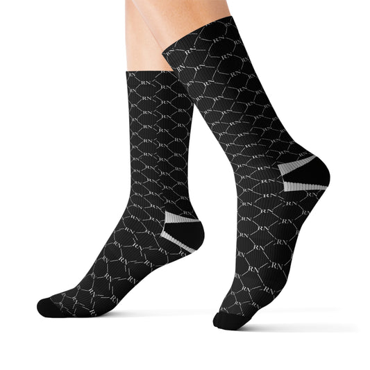 RN Socks – Black Crew Socks with Repeated RN Design | Head-to-Toe Nurse Apparel