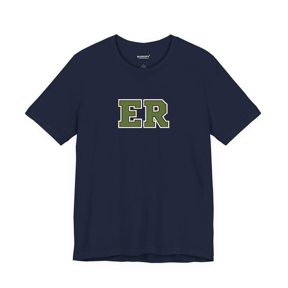 Front view of a Navy Nursify ER Olive short sleeve shirt, showing the centred chest lettering.