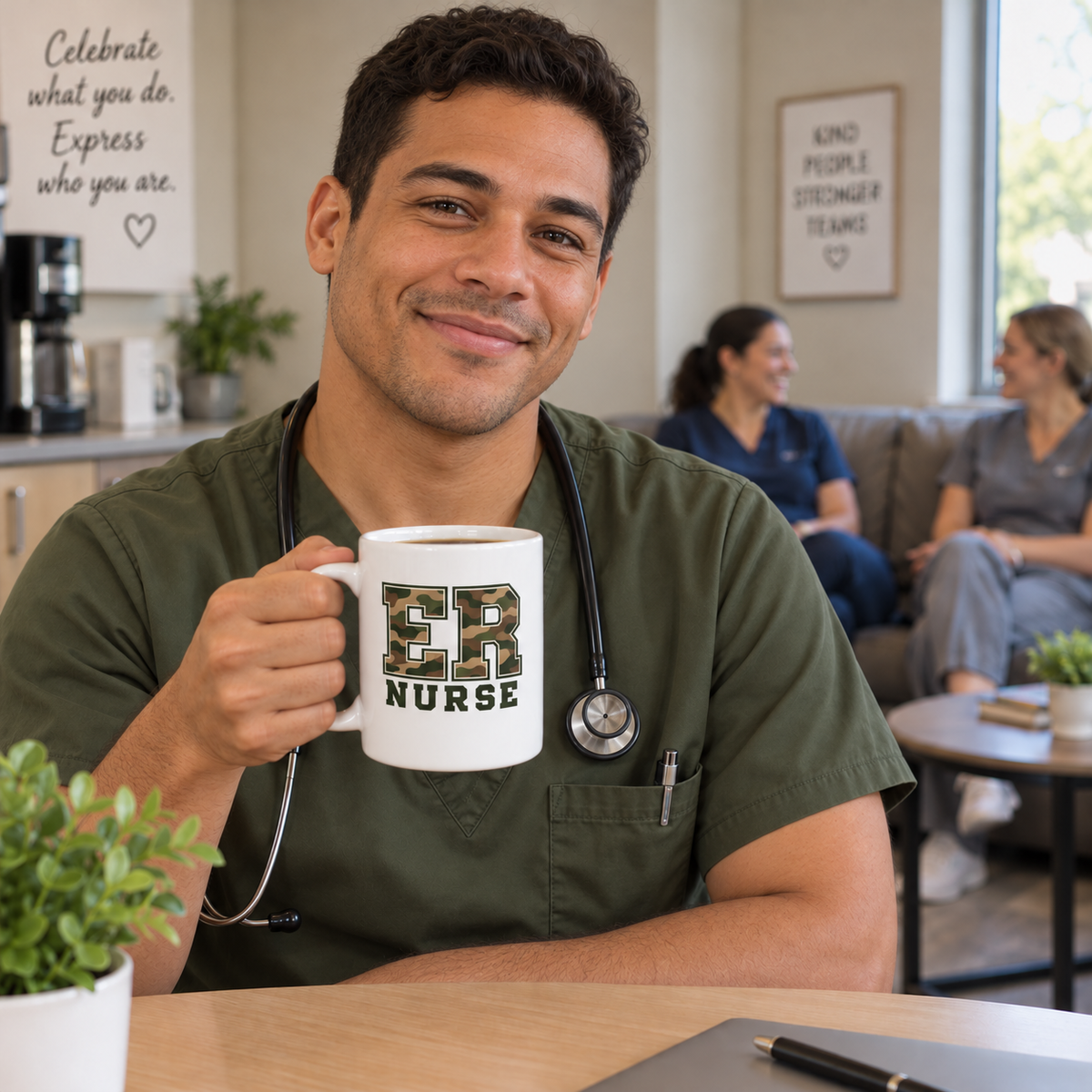 Nurse holding the camo ER nurse mug during a break, with two teammates chatting on a couch behind them.