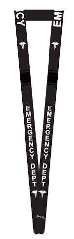 Black lanyard with 'EMERGENCY DEPT' text and medical symbol on a white background