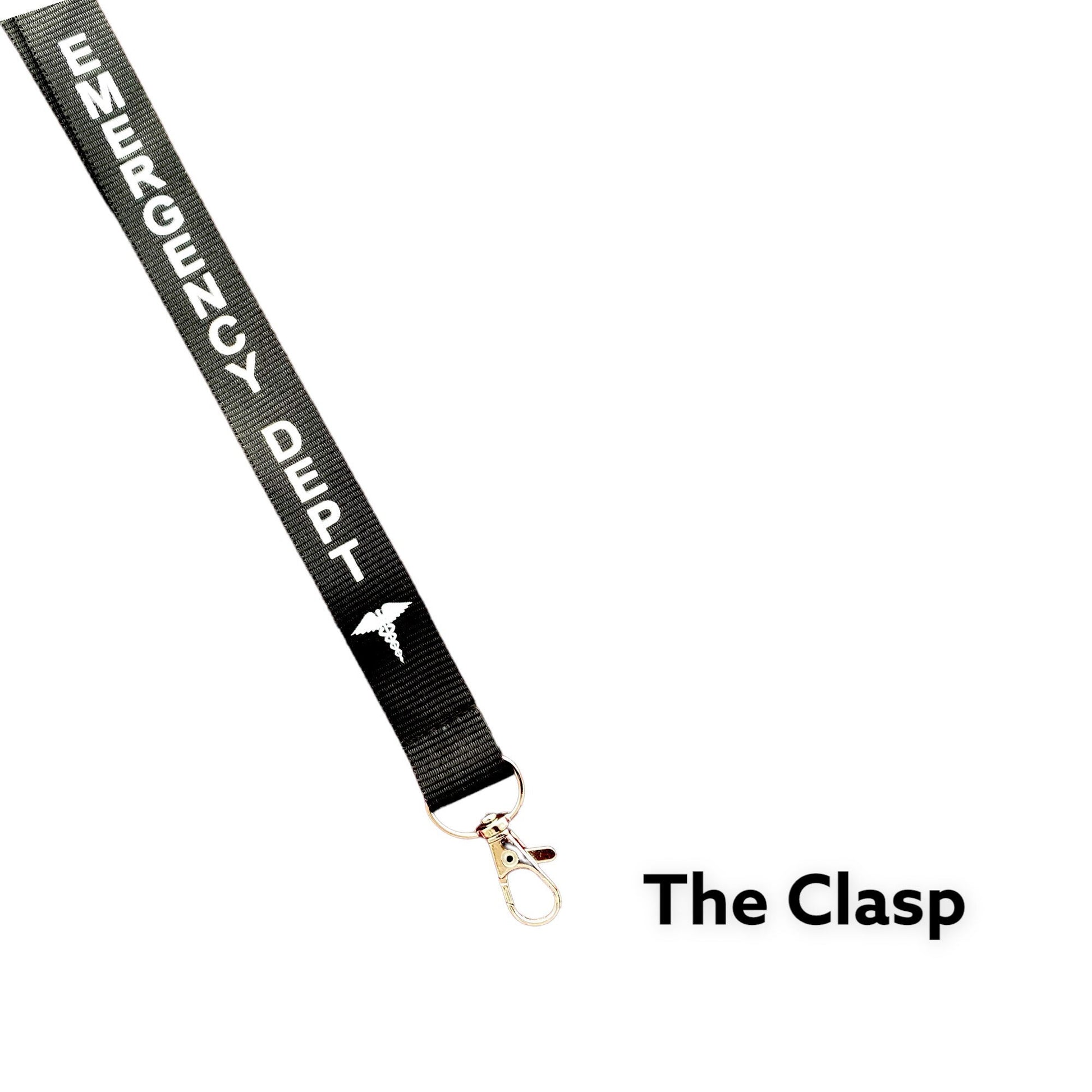 Close-up of Kirksite metal clasp on Emergency Department ID lanyard