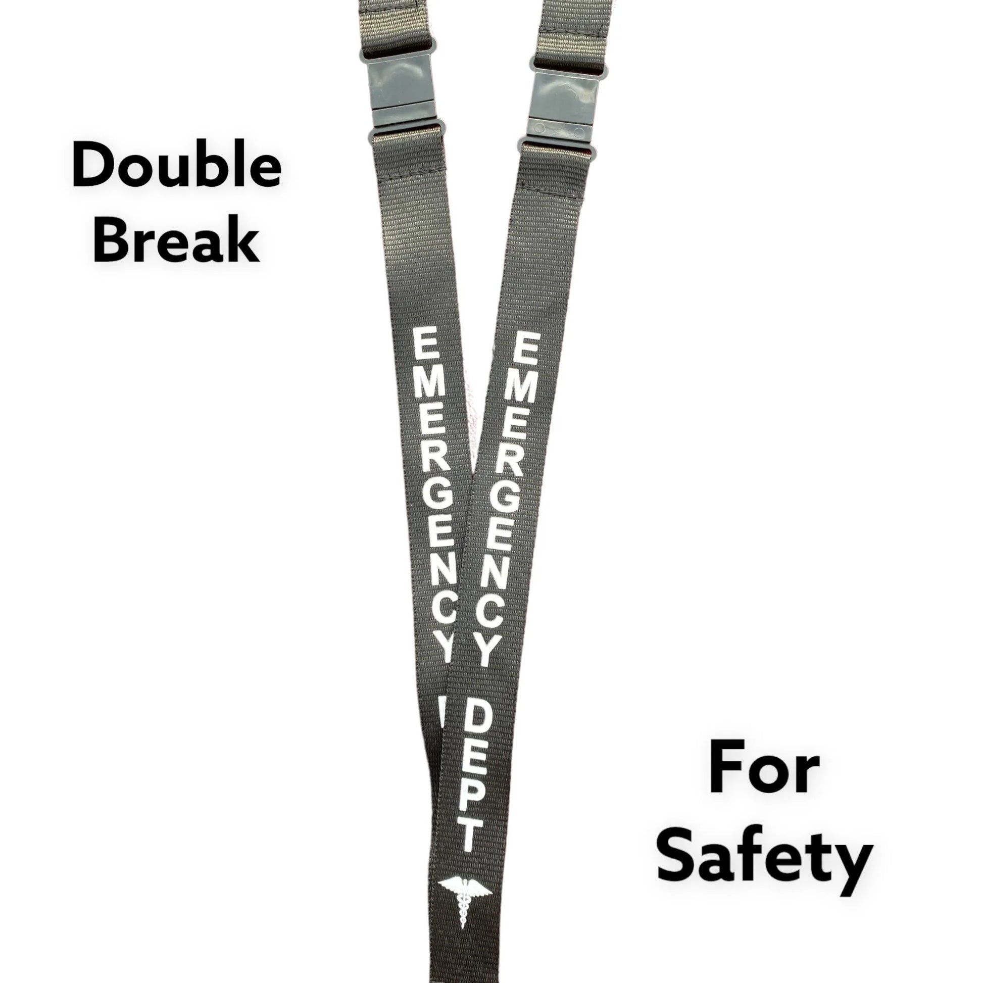 Double breakaway lanyard for hospital staff with vertical EMERGENCY DEPT print