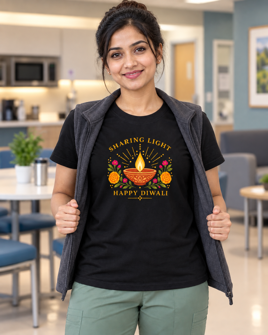 Female nurse wearing a black Nursify Happy Diwali T shirt with a colourful diya and floral front design, an open charcoal vest and sage scrub pants.