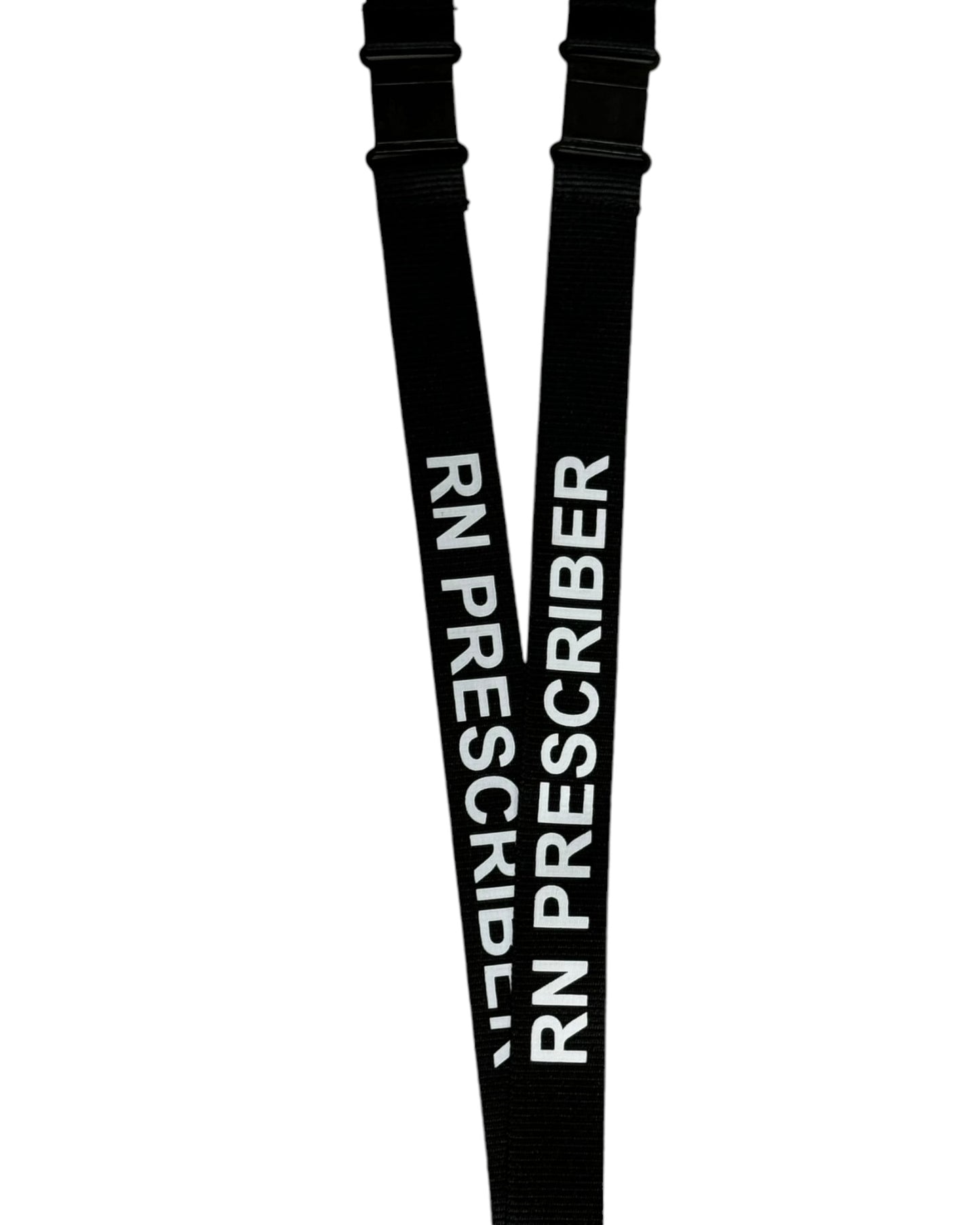 Black RN Prescriber lanyard with double breakaway feature, RN-AP label, and RN Prescriber text on neck strap.