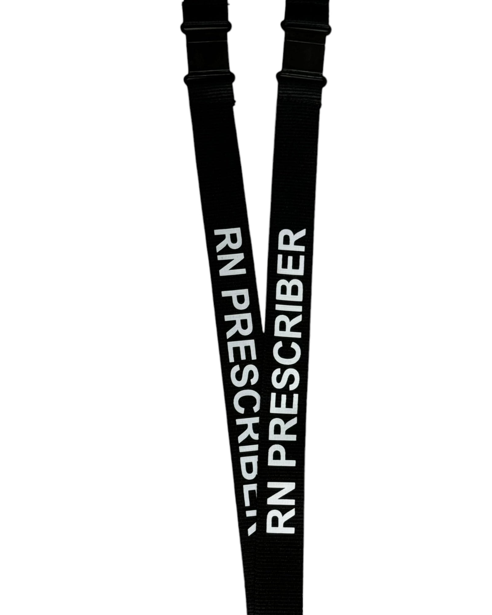 Black RN Prescriber lanyard with double breakaway feature, RN-AP label, and RN Prescriber text on neck strap.