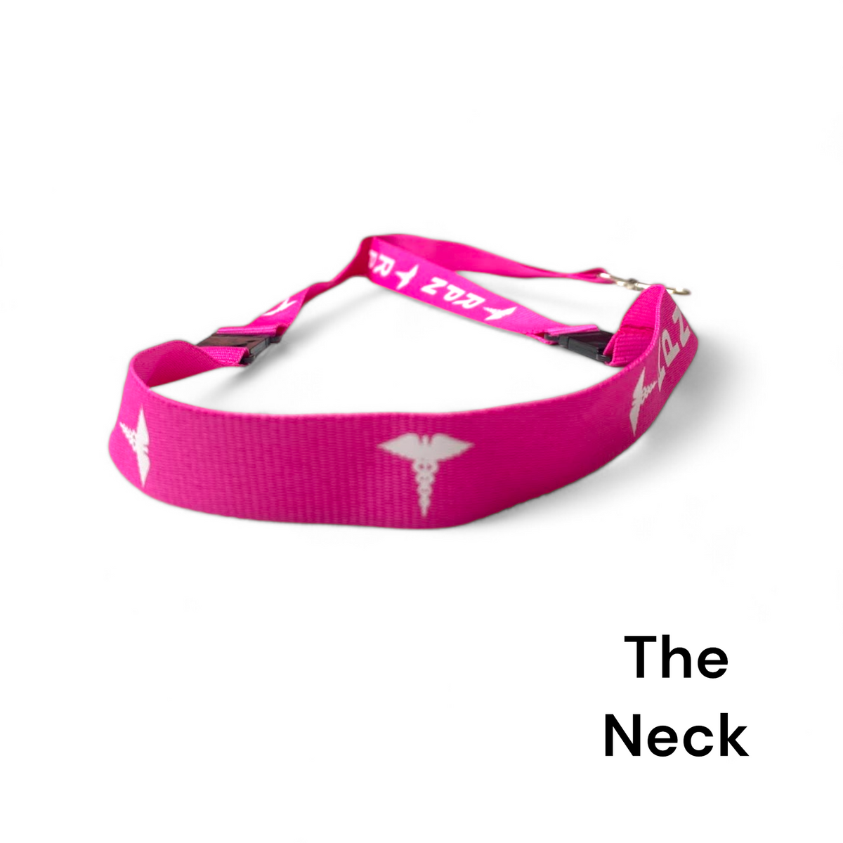 Neck section of the fuchsia RPN lanyard with white medical symbols