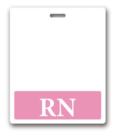 White ID with a pink rectangle at the bottom with the words RN written in white in the center made by Nursify. This ID has a slit near the top to connect to a lanyard or badge reel.