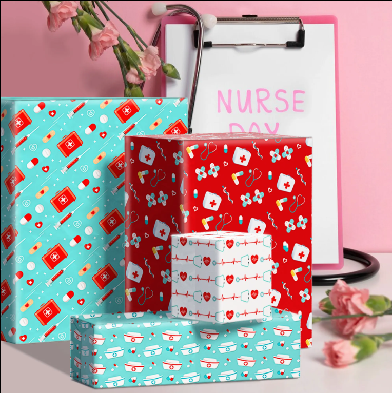 Nurse Themed Wrapping Paper for healthcare professionals gift, 12 sheets 4 Different Patterns, Great for Christmas Nurse Gifts