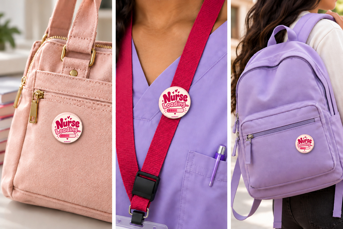 Corrected Nurse Loading buttons on a blush purse, raspberry lanyard and lavender backpack.