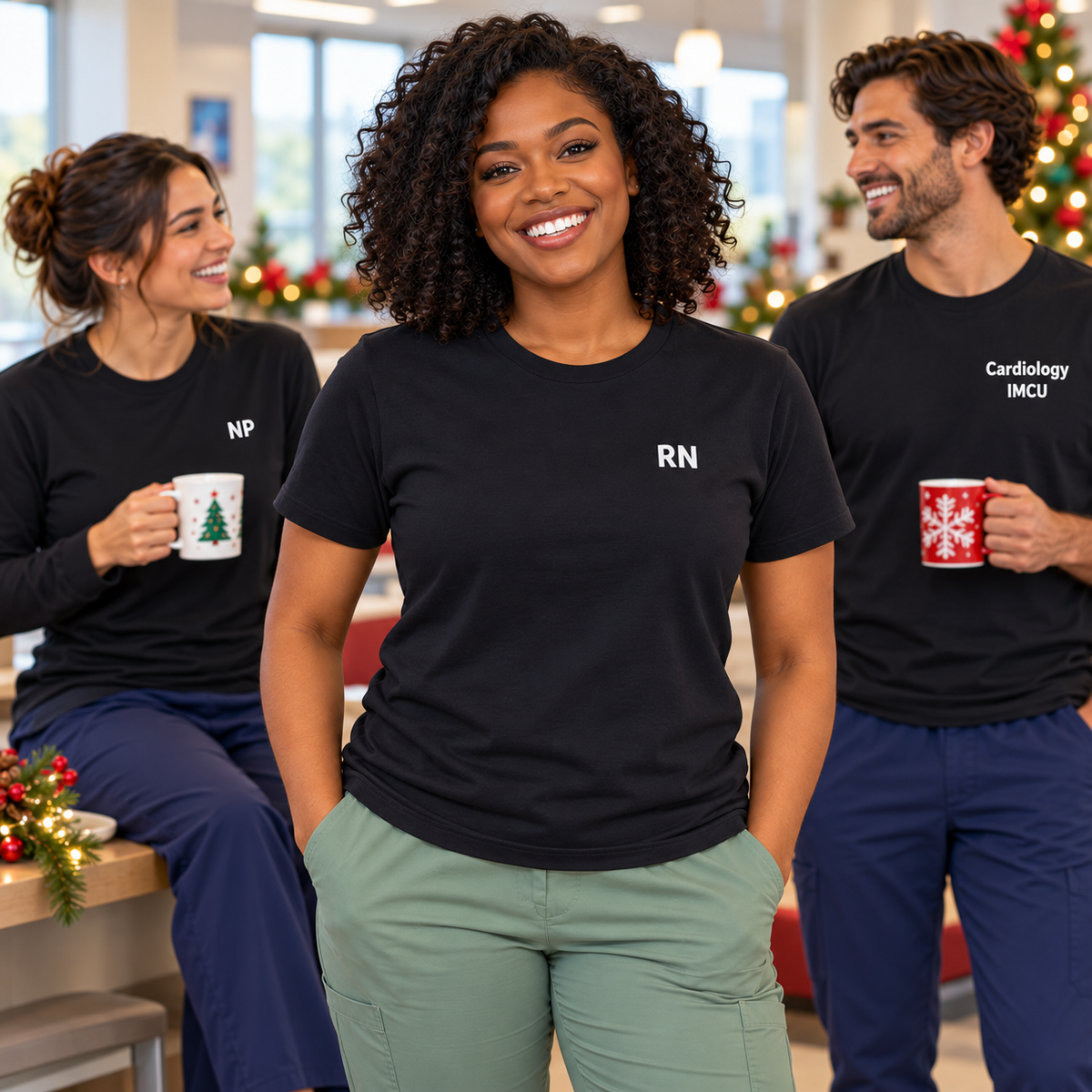 Custom left chest role T-shirt examples worn by RN, NP and Cardiology IMCU colleagues