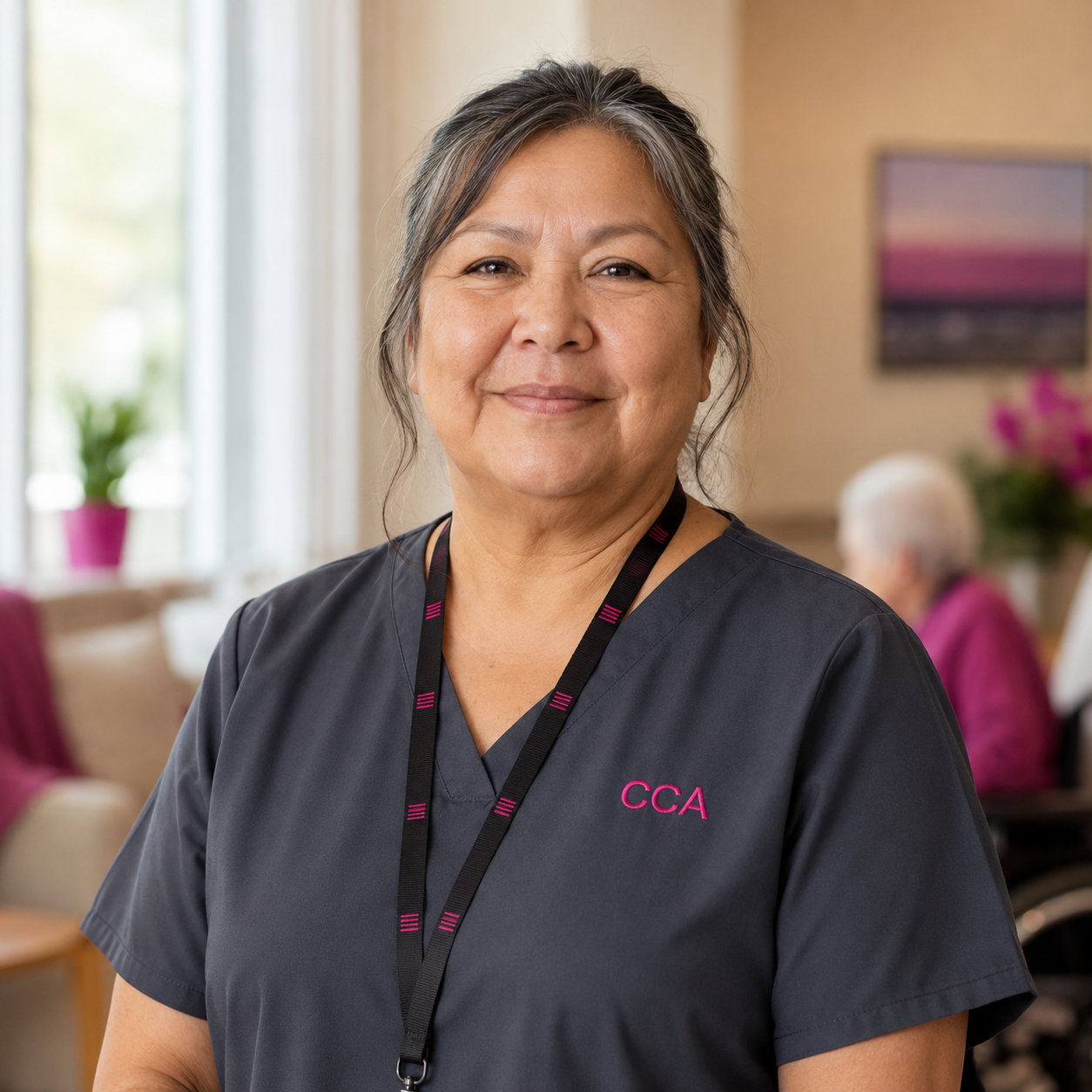 Continuing care assistant wearing charcoal scrubs with raspberry CCA embroidery