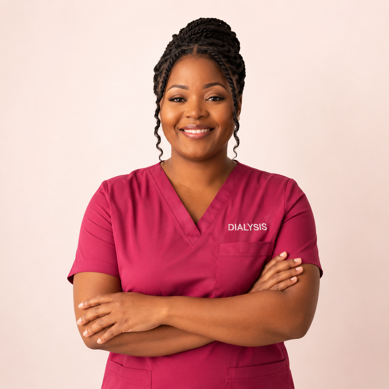 Black dialysis nurse in raspberry scrubs embroidered with DIALYSIS