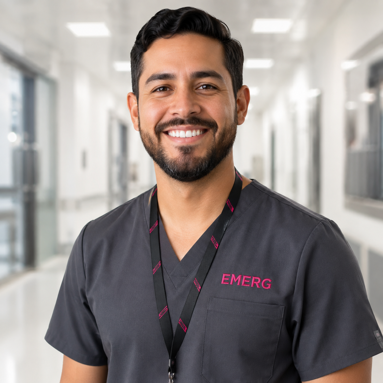Emergency nurse wearing charcoal scrubs with raspberry EMERG embroidery