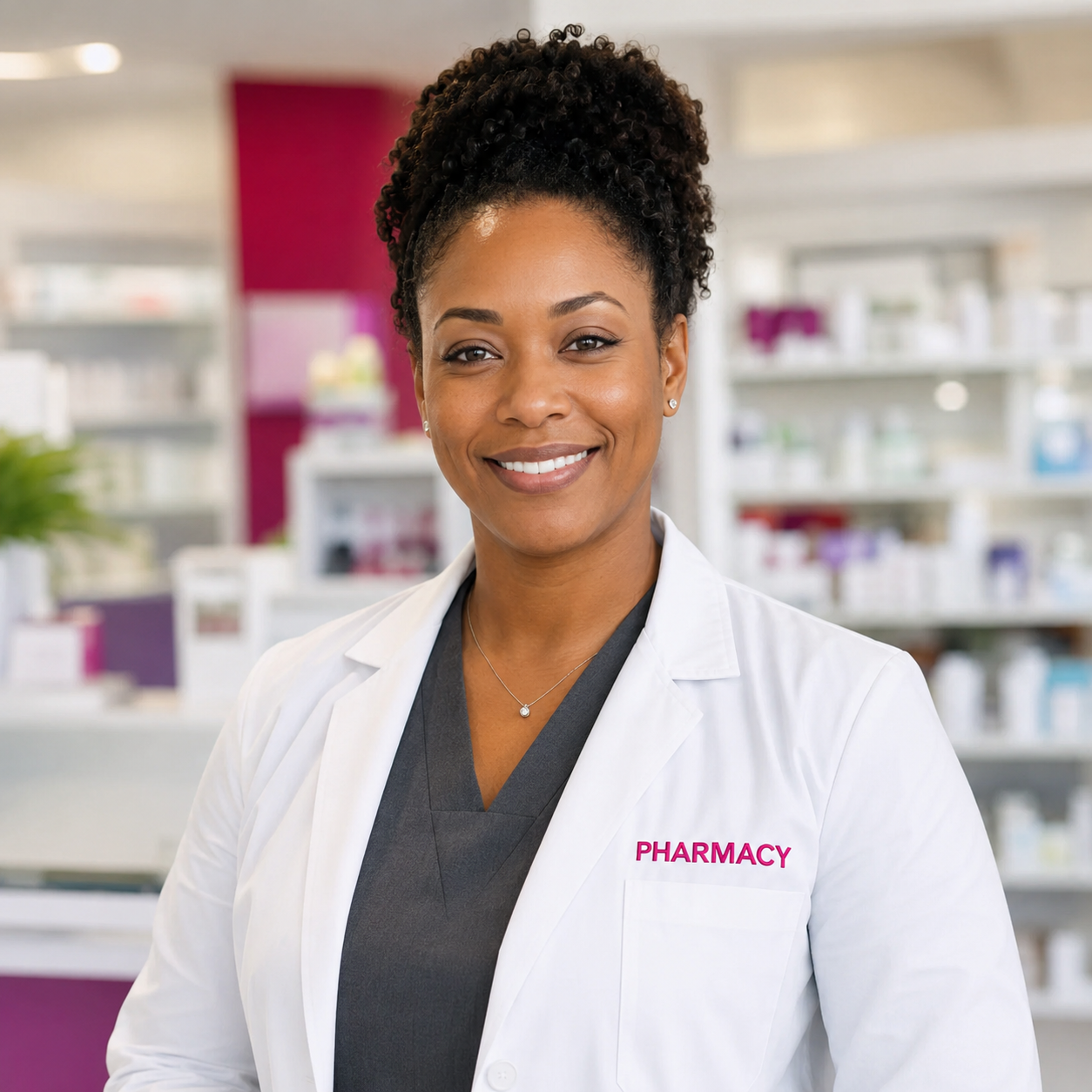 Pharmacist wearing a white coat with raspberry Pharmacy embroidery