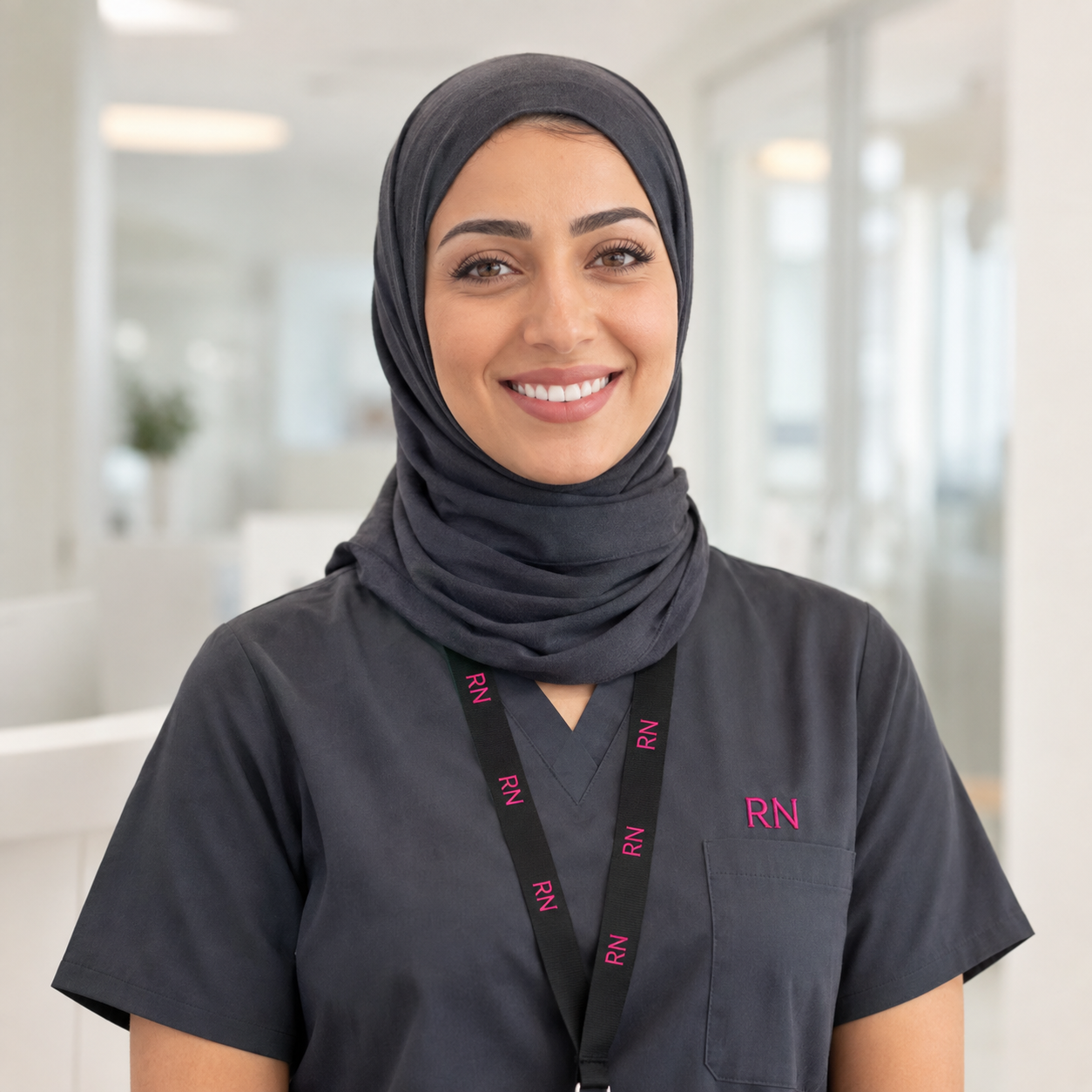 Registered nurse wearing charcoal scrubs with raspberry RN embroidery and lanyard