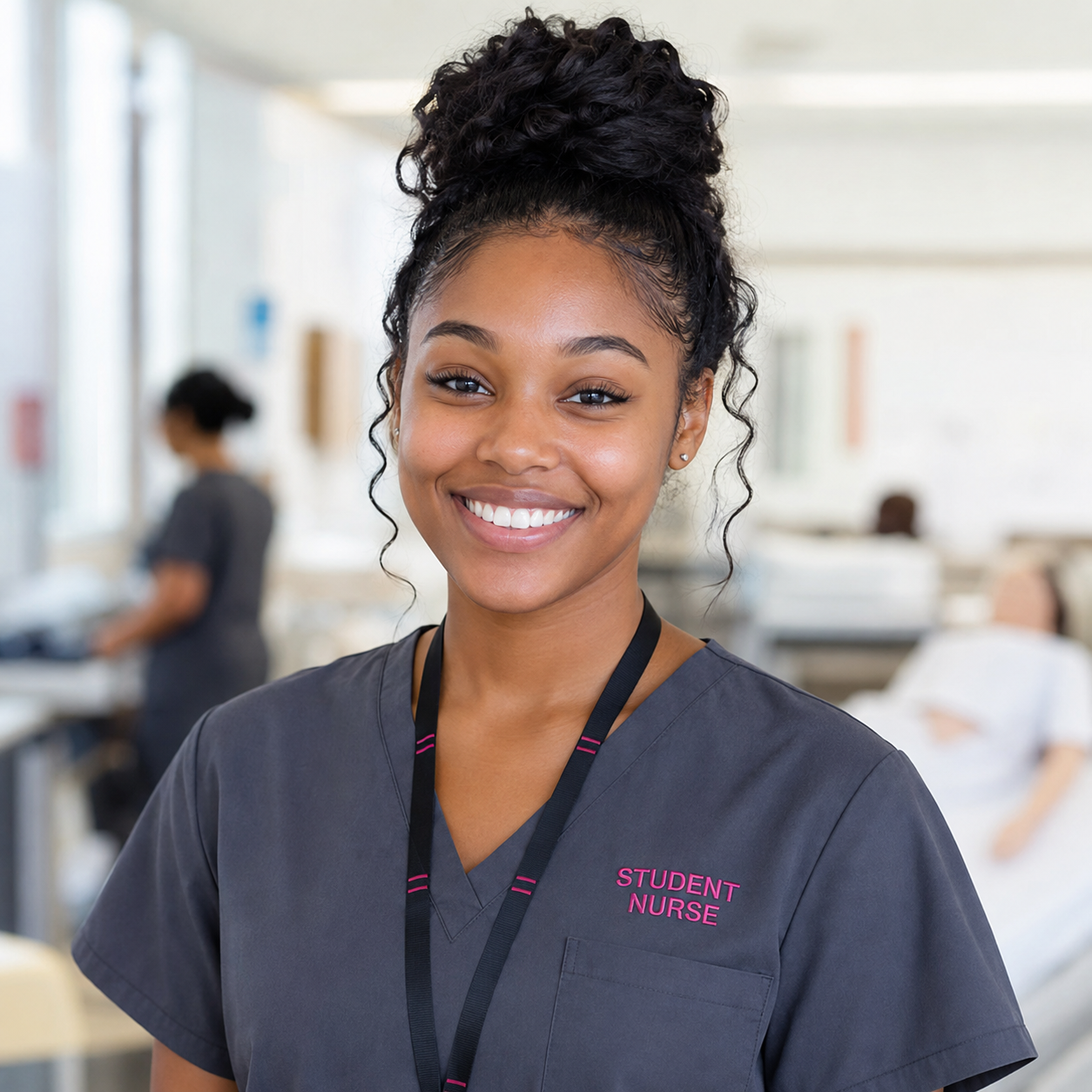 Student nurse wearing charcoal scrubs with raspberry Student Nurse embroidery