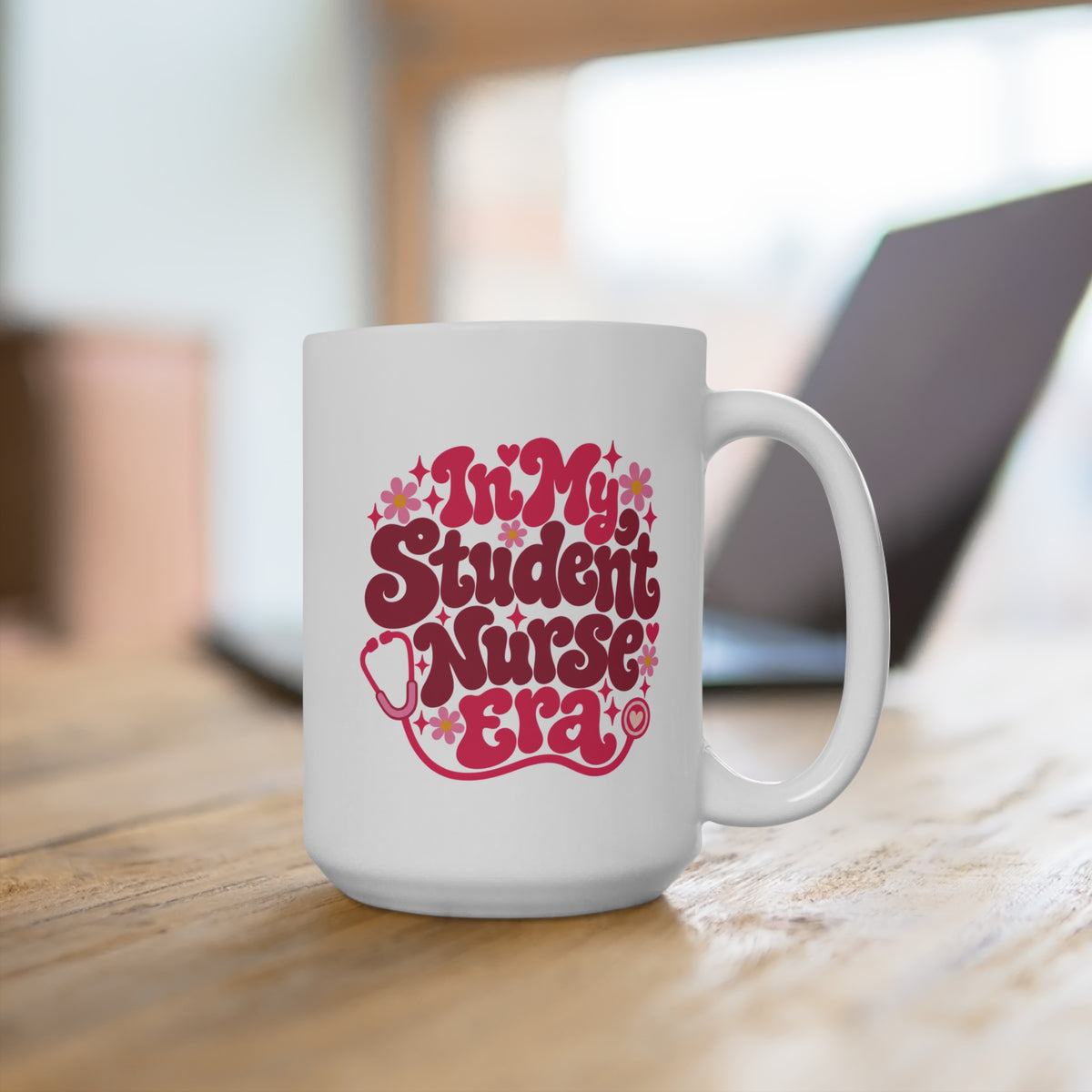 In My Student Nurse Era Mug, Pink Floral, 15 oz, second styled supplier scene with centred artwork