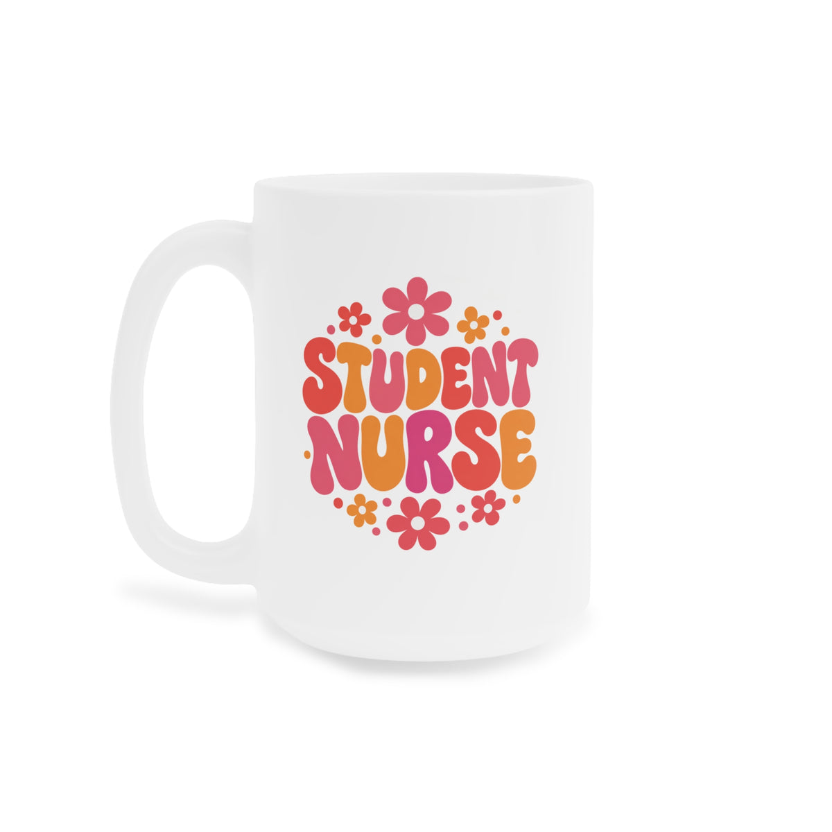 Student Nurse Mug, Coral Floral, 15 oz, centred supplier side view