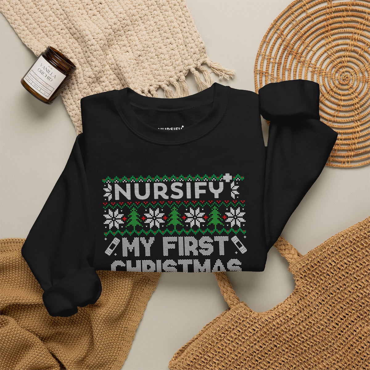 My First Christmas as a Nurse Sweatshirt, Knit Snowflakes