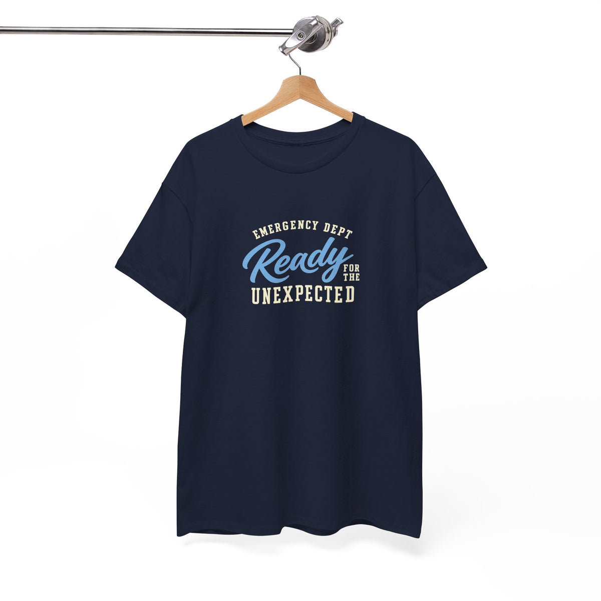 Hanging view of navy Ready for the Unexpected emergency department unisex shirt