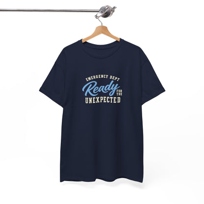Hanging view of navy Ready for the Unexpected emergency department unisex shirt