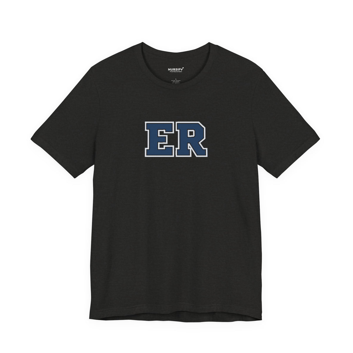 Front view of a Black Heather Nursify ER  Blue short sleeve shirt, showing the centred chest lettering.