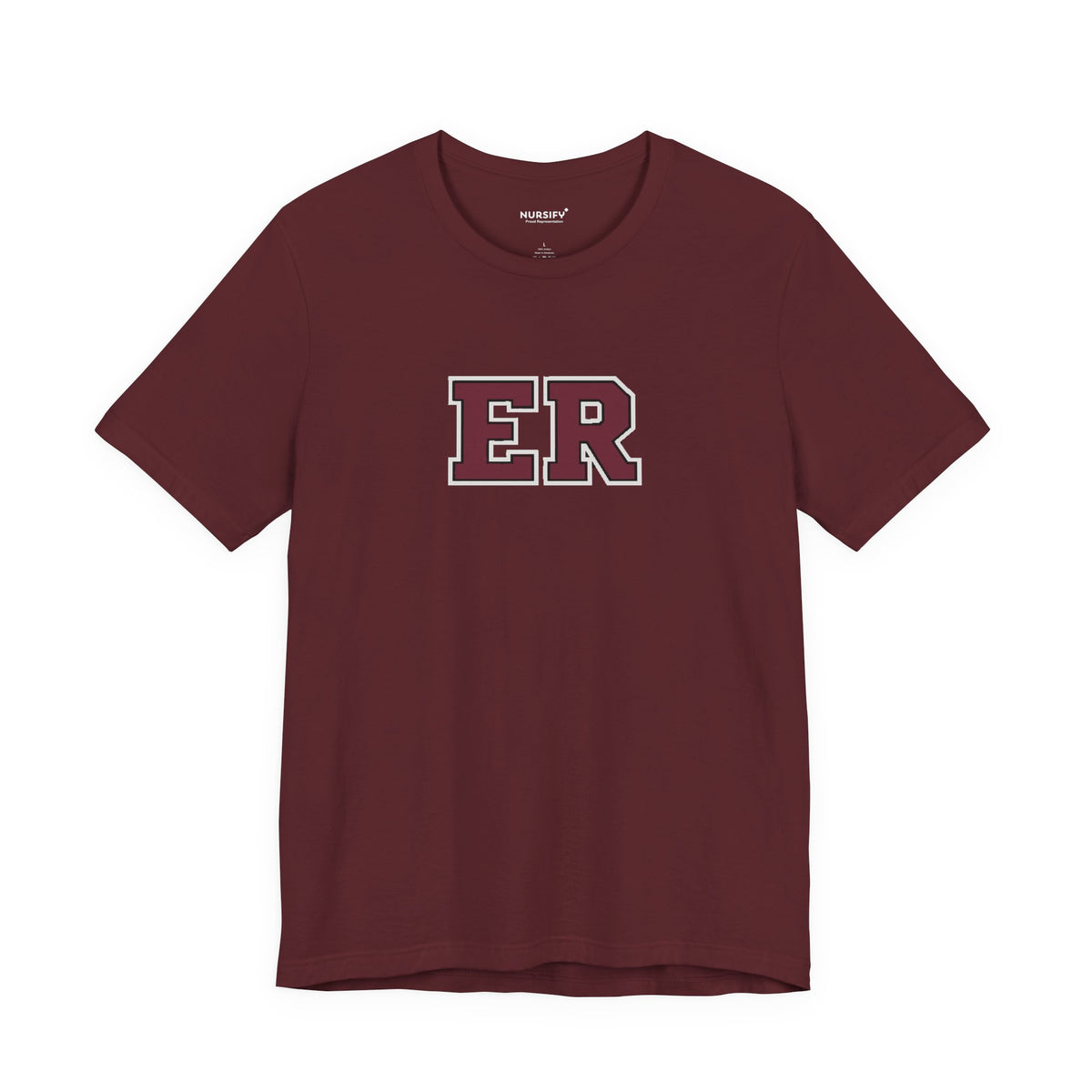 Front view of a Maroon Nursify ER  Burgundy short sleeve shirt, showing the centred chest lettering.