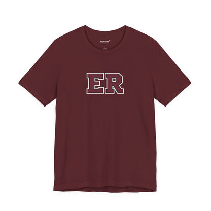Front view of a Maroon Nursify ER  Burgundy short sleeve shirt, showing the centred chest lettering.