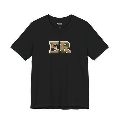 Front view of a Black Nursify ER  Camo short sleeve shirt, showing the centred chest lettering.