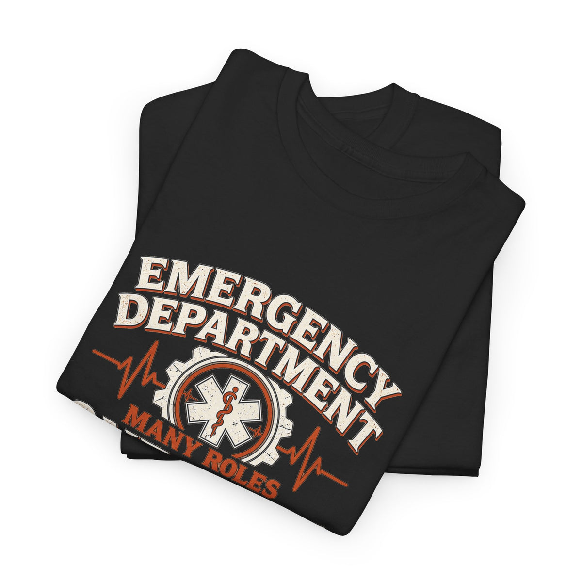 Folded view of black Many Roles One Team emergency department unisex shirt