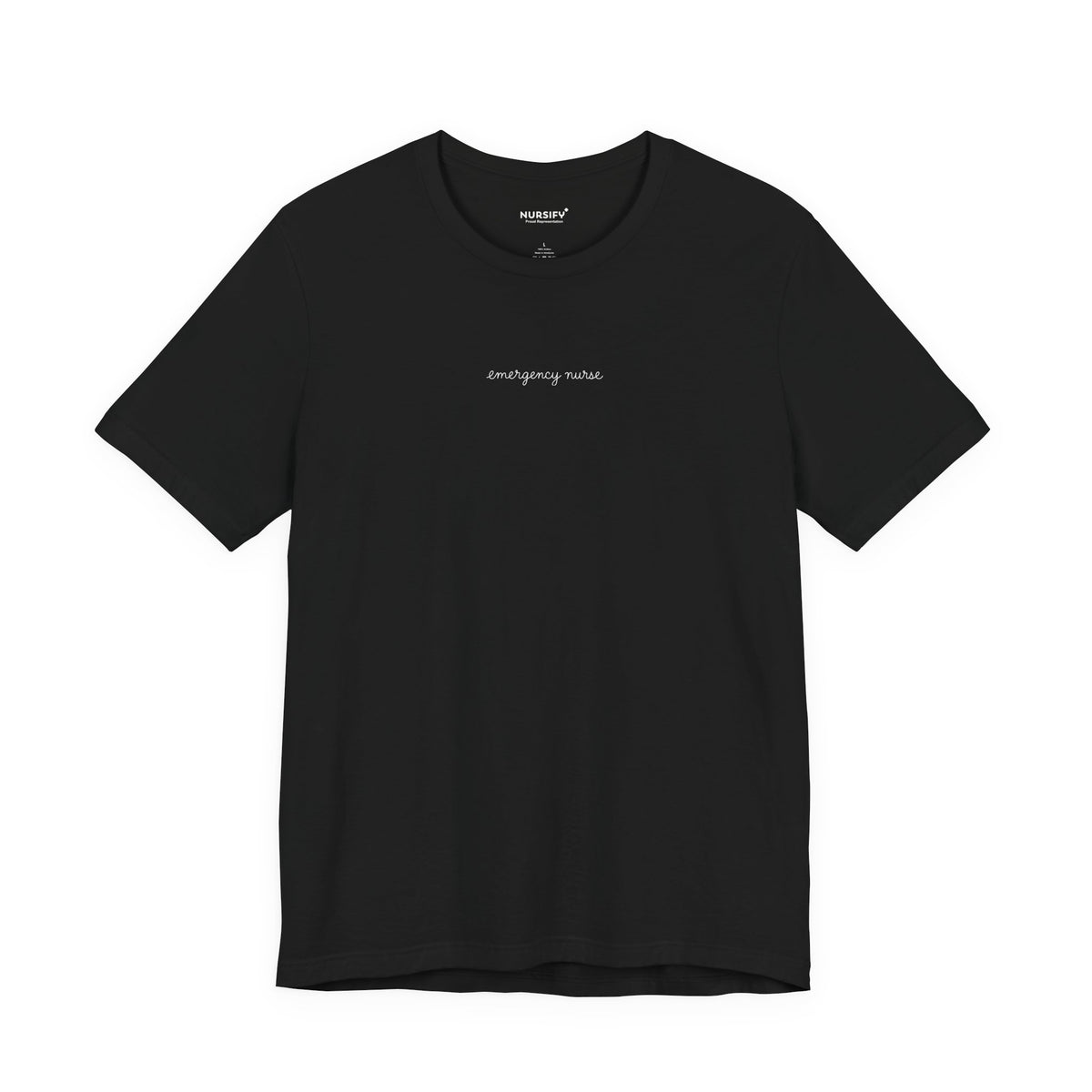Front view of a Black Nursify Emergency Nurse script short sleeve shirt, showing the centred chest lettering.