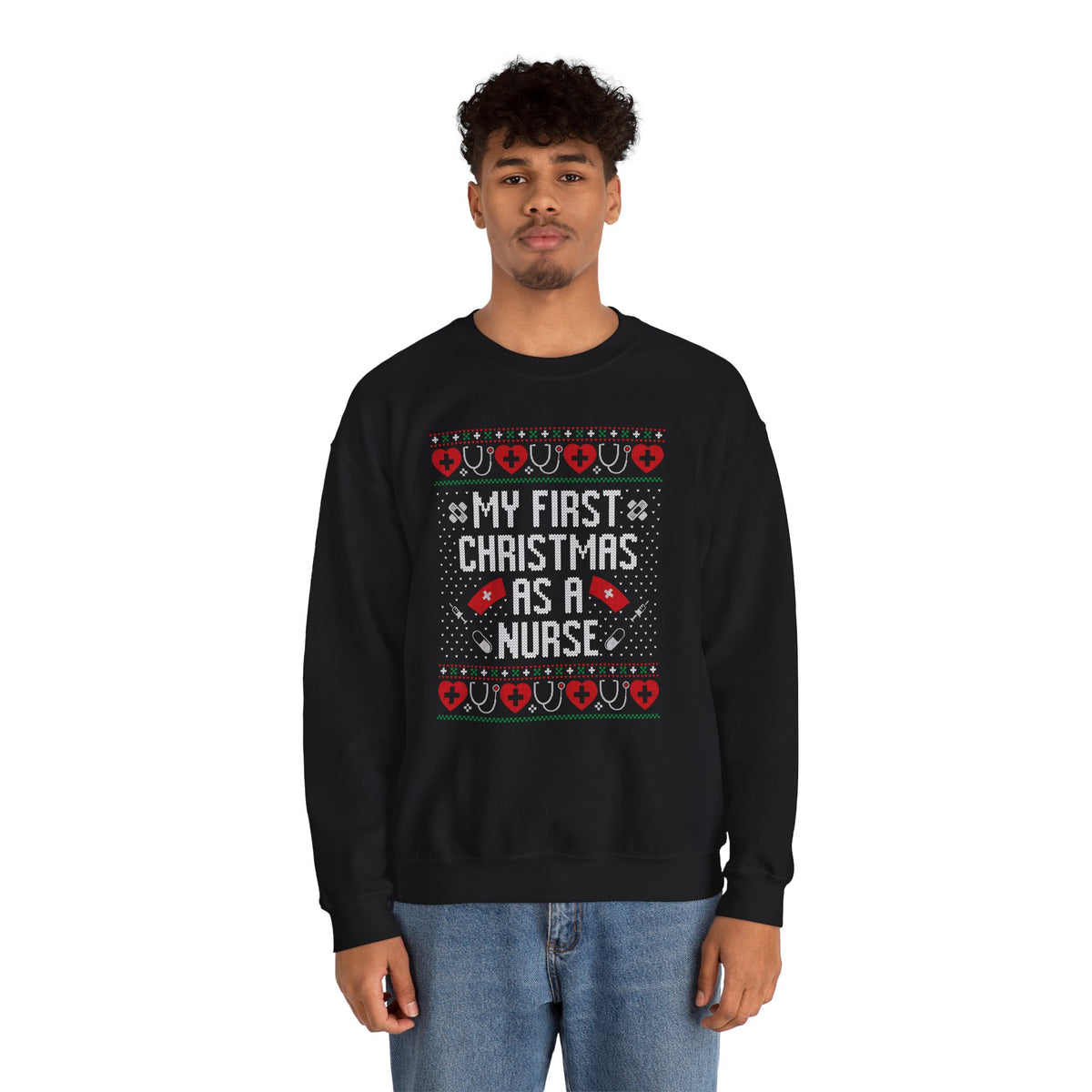 My First Christmas as a Nurse Sweatshirt, Festive Hearts