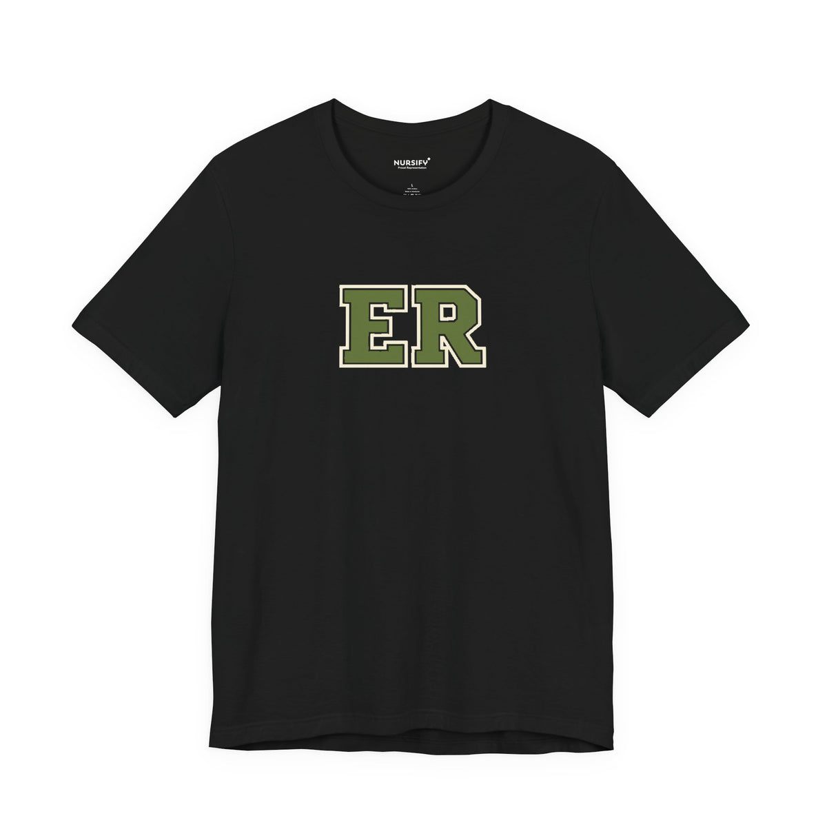 Front view of a Black Nursify ER  Olive short sleeve shirt, showing the centred chest lettering.