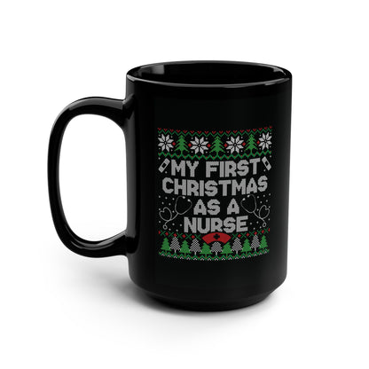 My First Christmas as a Nurse Black Mug, Printed Knit Trees