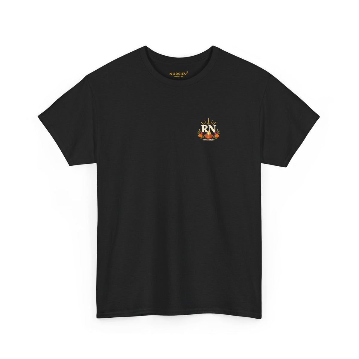 Black Nursify Diwali T shirt with a small ivory RN, diya lamp and floral design on the left chest, with Share Light text beneath.