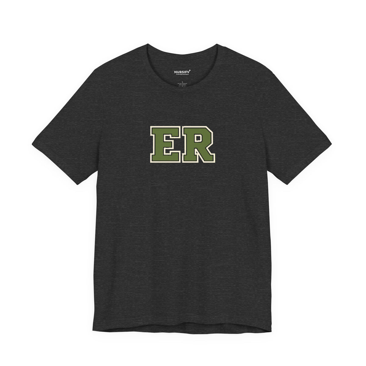 Front view of a Dark Grey Heather Nursify ER  Olive short sleeve shirt, showing the centred chest lettering.