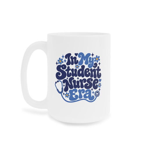In My Student Nurse Era Mug, Blue Floral, 15 oz, centred supplier side view