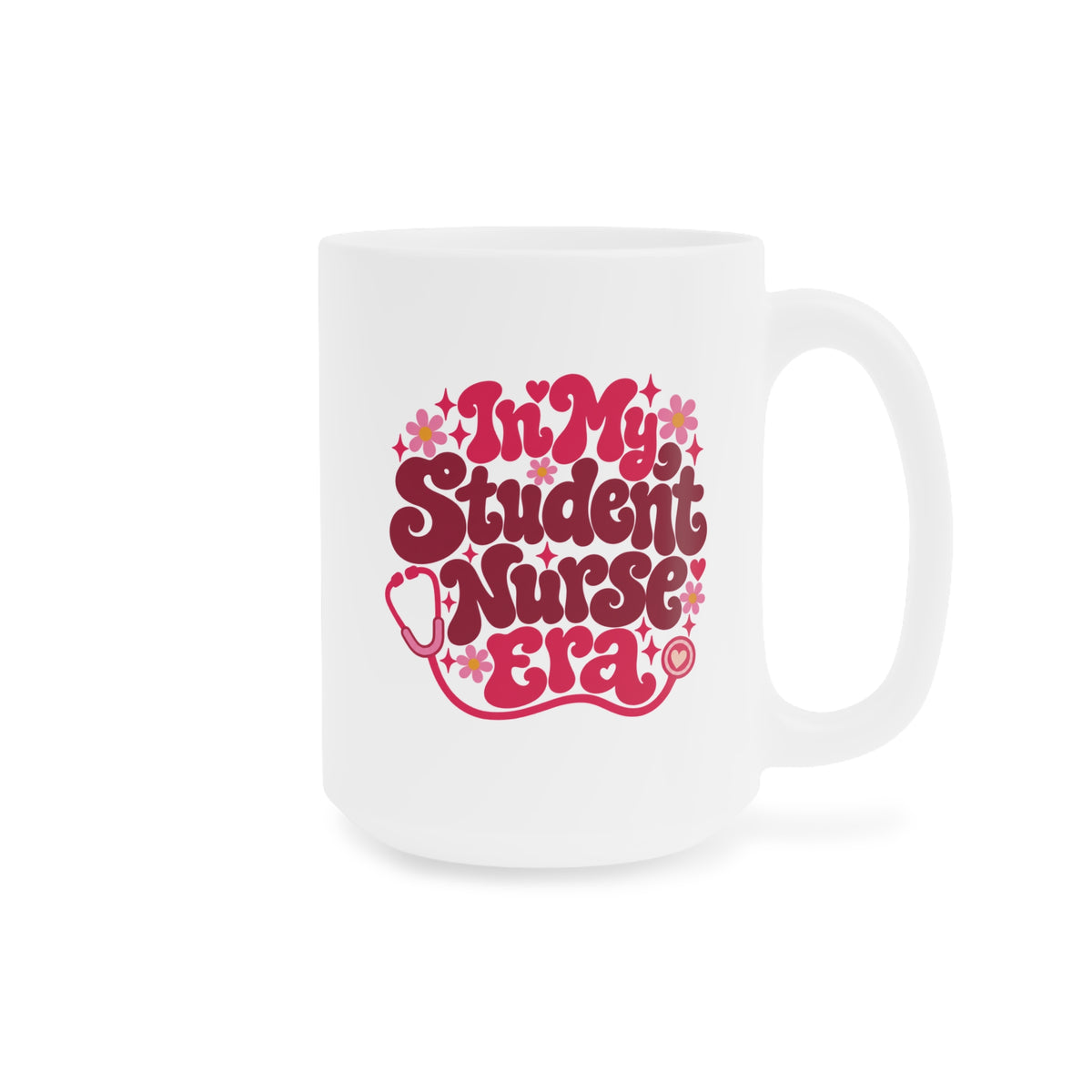 In My Student Nurse Era Mug, Pink Floral, 15 oz, centred opposite supplier product angle