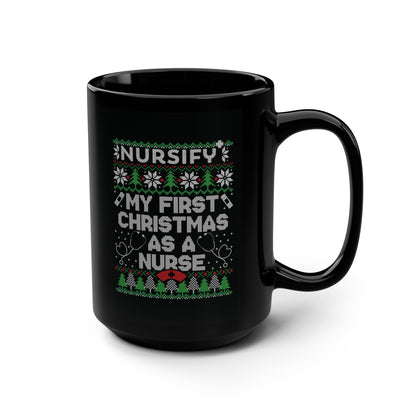 My First Christmas as a Nurse Black Mug, Printed Knit Snowflakes