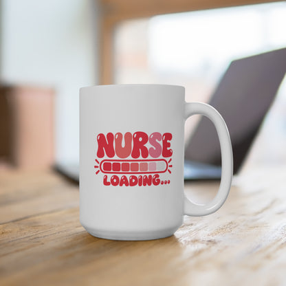Nurse Loading Mug, Coral Progress Bar, 15 oz, second styled supplier scene with centred artwork
