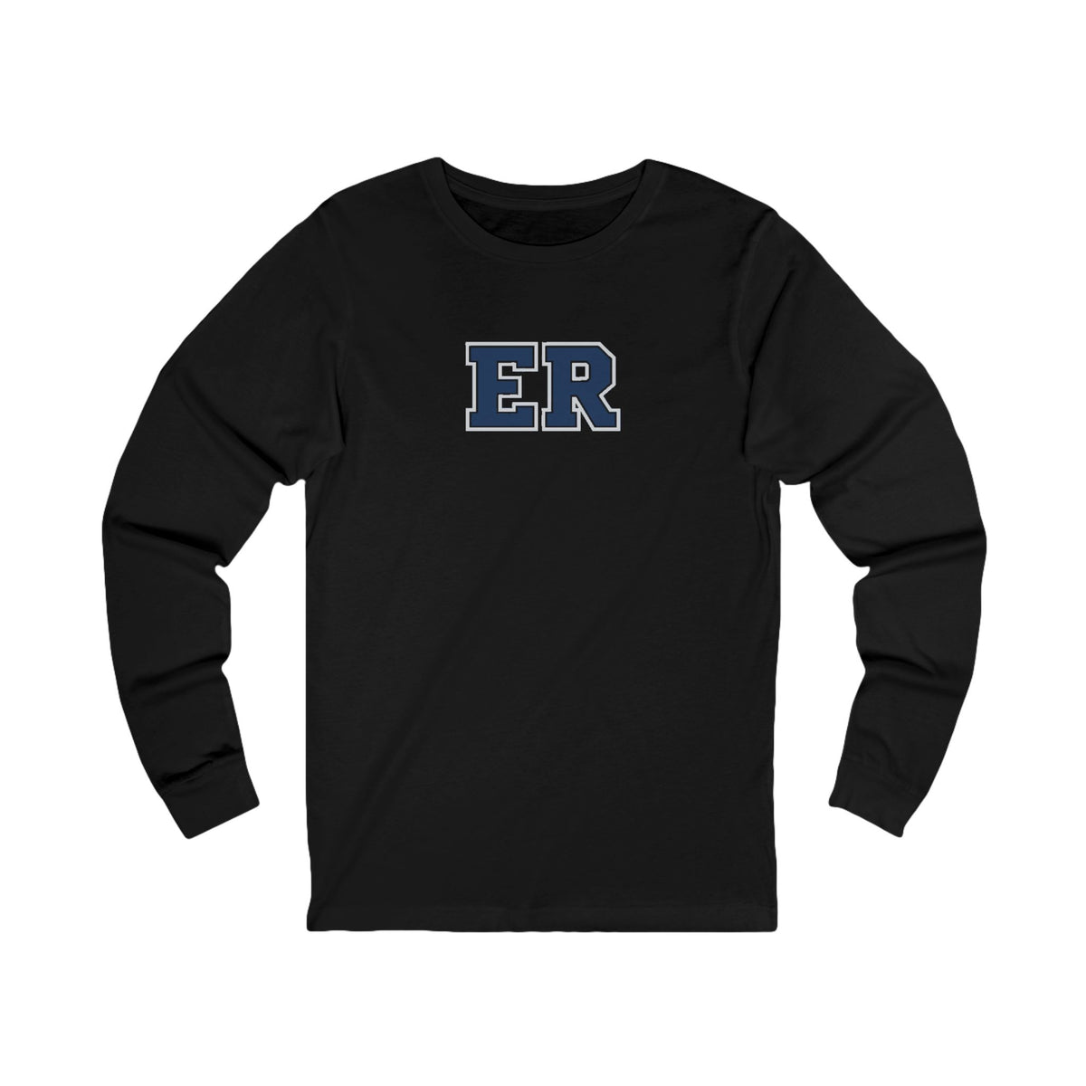 Front view of a Black Nursify ER  Blue long sleeve shirt, showing the centred chest lettering.