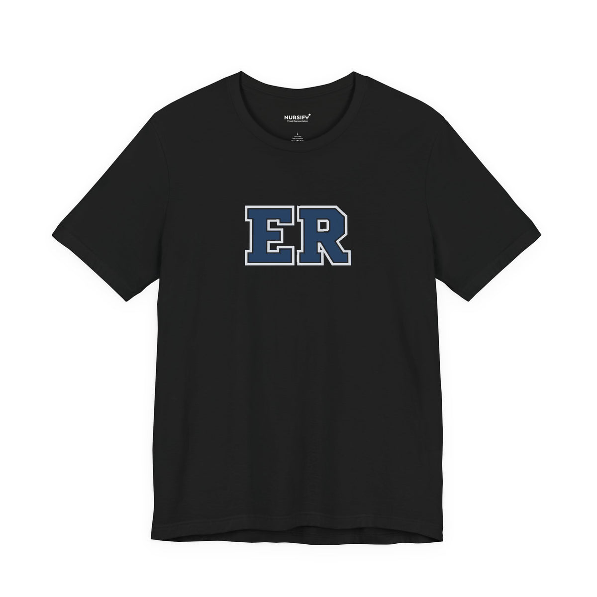 Front view of a Black Nursify ER  Blue short sleeve shirt, showing the centred chest lettering.