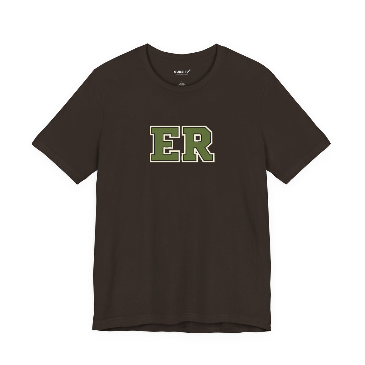 Front view of a Brown Nursify ER  Olive short sleeve shirt, showing the centred chest lettering.