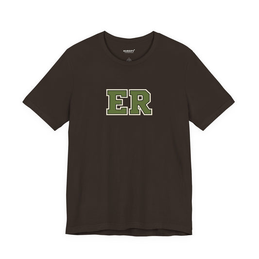 Front view of a Brown Nursify ER  Olive short sleeve shirt, showing the centred chest lettering.
